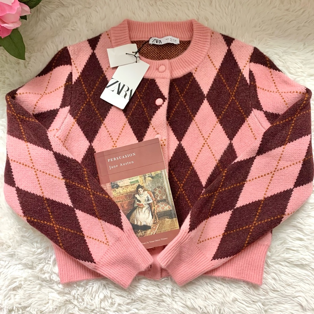 NEW Zara Argyle Jacquard Pink Burgundy Cropped Cardigan Sweater Blogger Fave MED